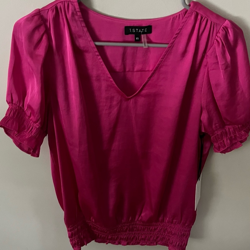 1.STATE Blouson Top Elastic Waist Band Pink Shirt Short Sleeve Women XS